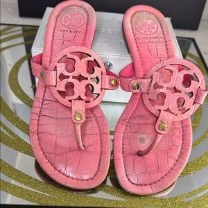 Tory Burch Pink Croc-Textured Miller Thong Sandals with Gold Accents